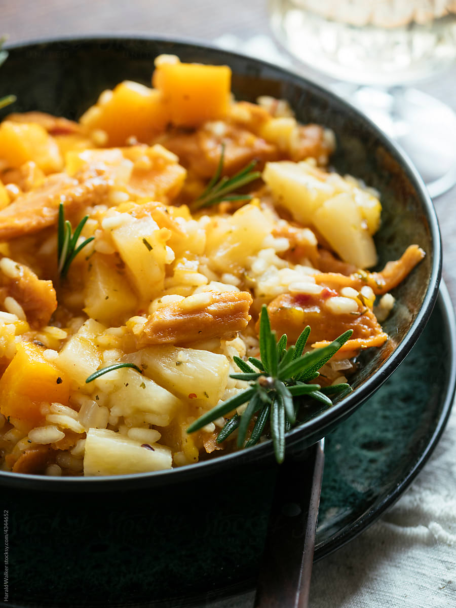Risotto with Winter Squash, Vegan Protein and Pineapple