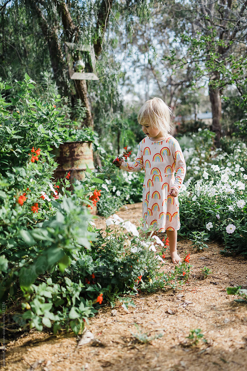 little girl wandering through garden