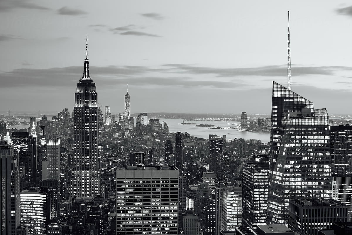 Cityscape of Manhattan at night in black and white
