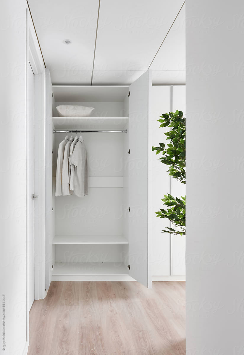 Wardrobe with clothes in light room