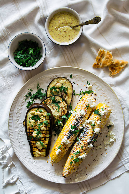 Grilled eggplant and Mexican street corn