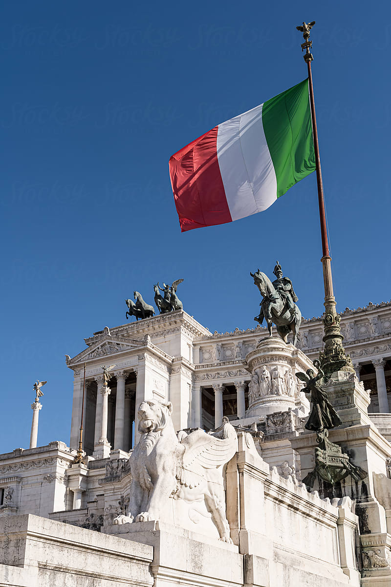Italian Flag and monuments in Rome, Italy.