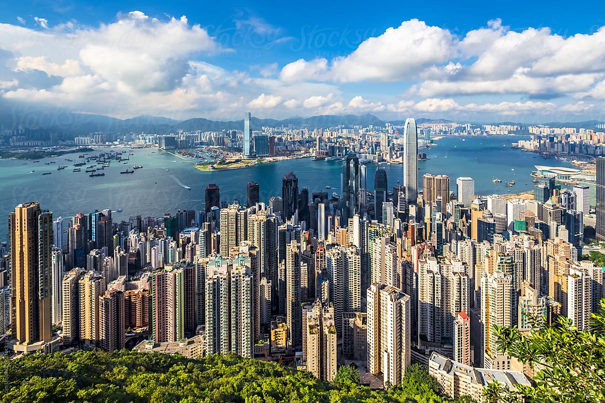 Panorama of Hong Kong, as seen from Victoria Peak on a sunny day