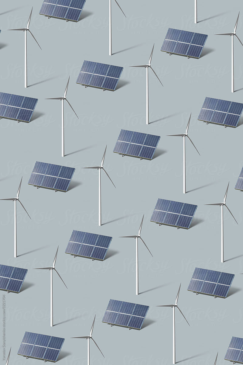 Pattern of repeated solar panels and wind turbines.