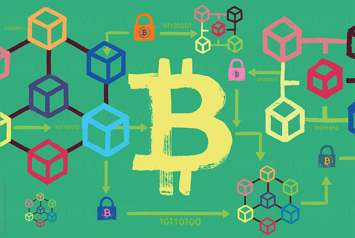 Bitcoin symbol, block chain cubes and padlocks