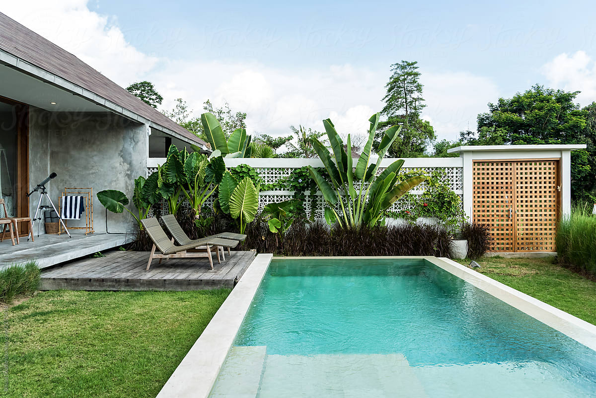 Backyard with swimming pool in luxury villa, Bali