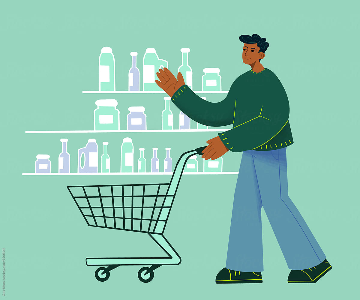 Illustration of a man shopping with a shopping cart