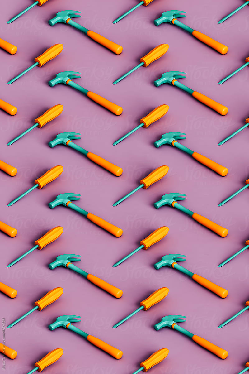 3d pattern of many Hammers and screwdrivers