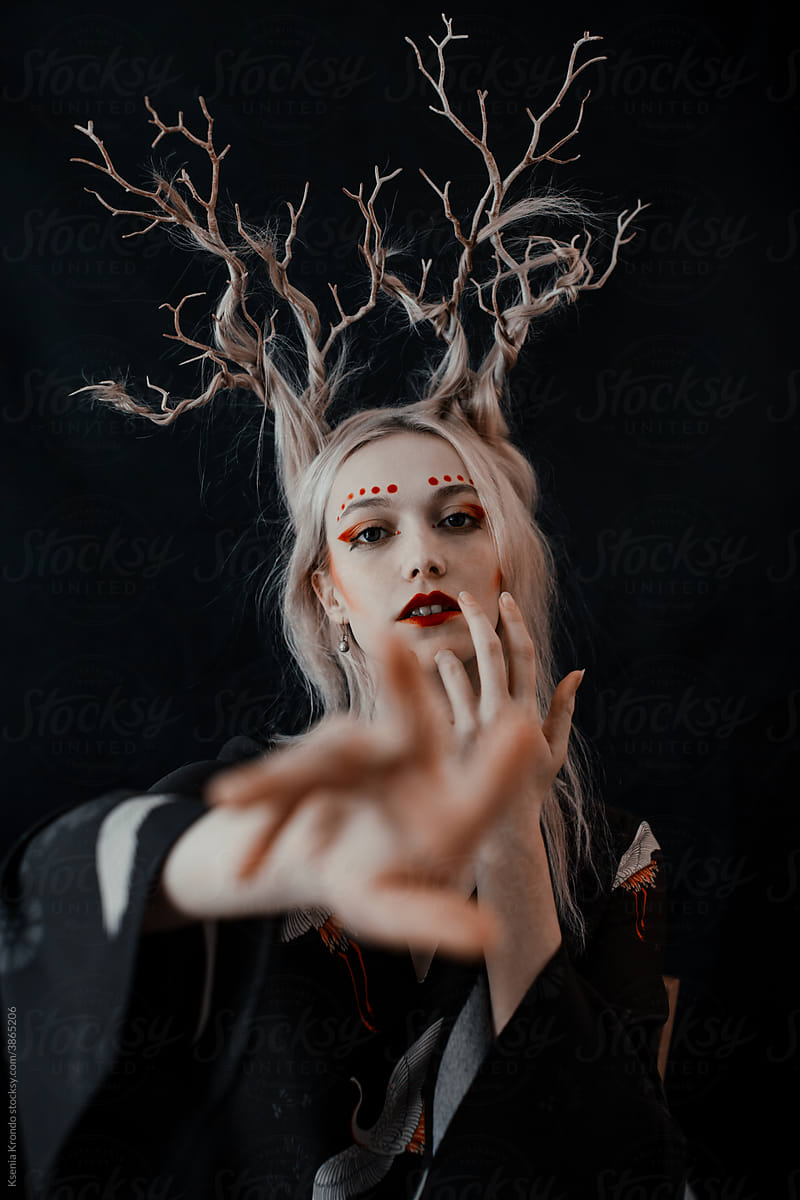 Girl japan style horns red white hands art halloween blond