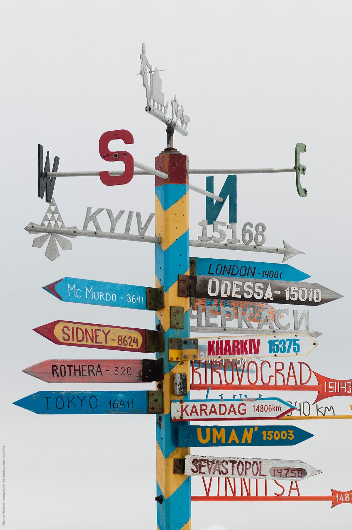 Direction sign at Vernadsky Station, Antarctica.