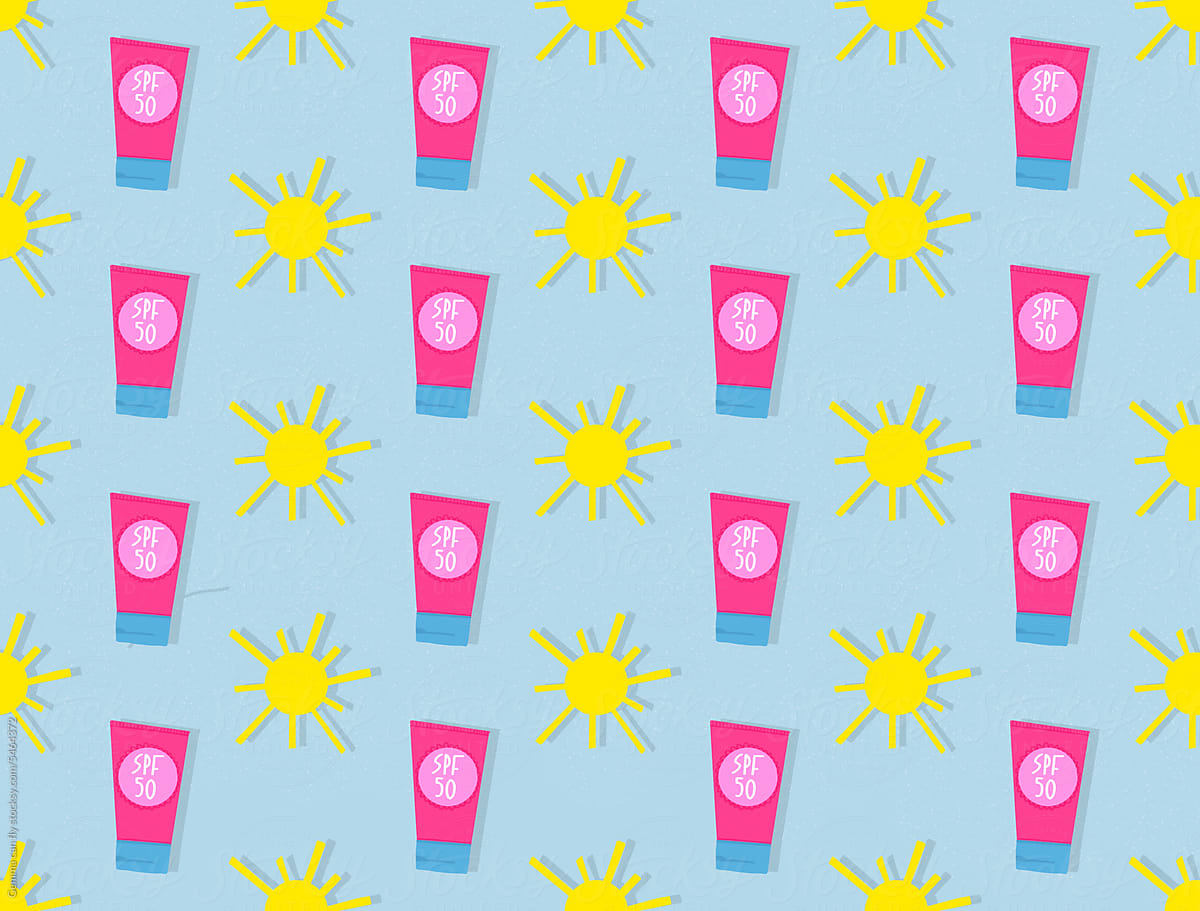 Sunscreen bottle and sun illustration pattern