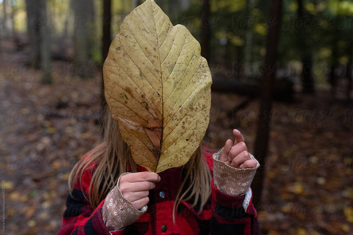 Photo of a young girl with a huge leaf covering her face