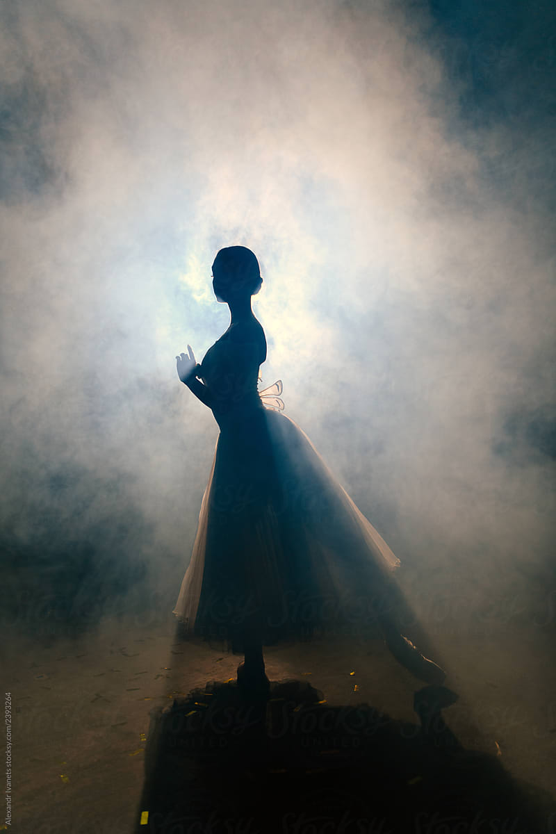 Ballerina in dress posing in fog