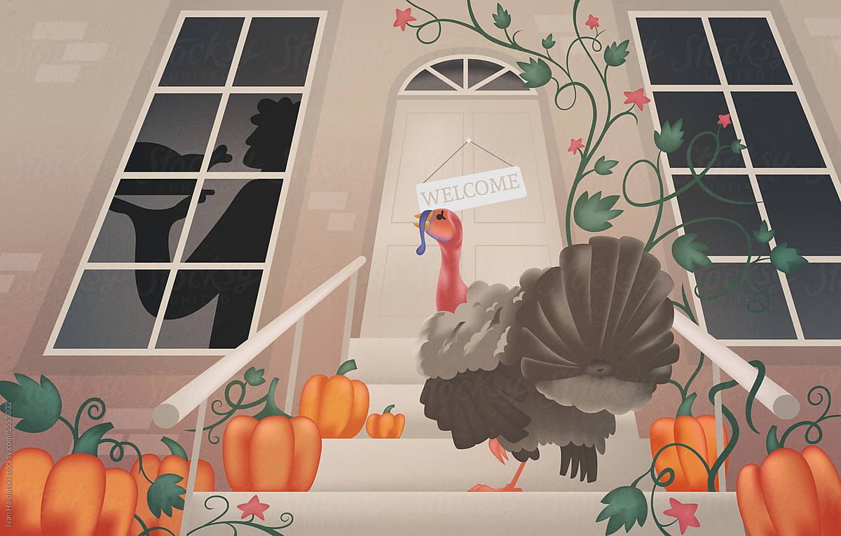 Funny scared turkey, Thanksgiving family celebration, fall backyard.