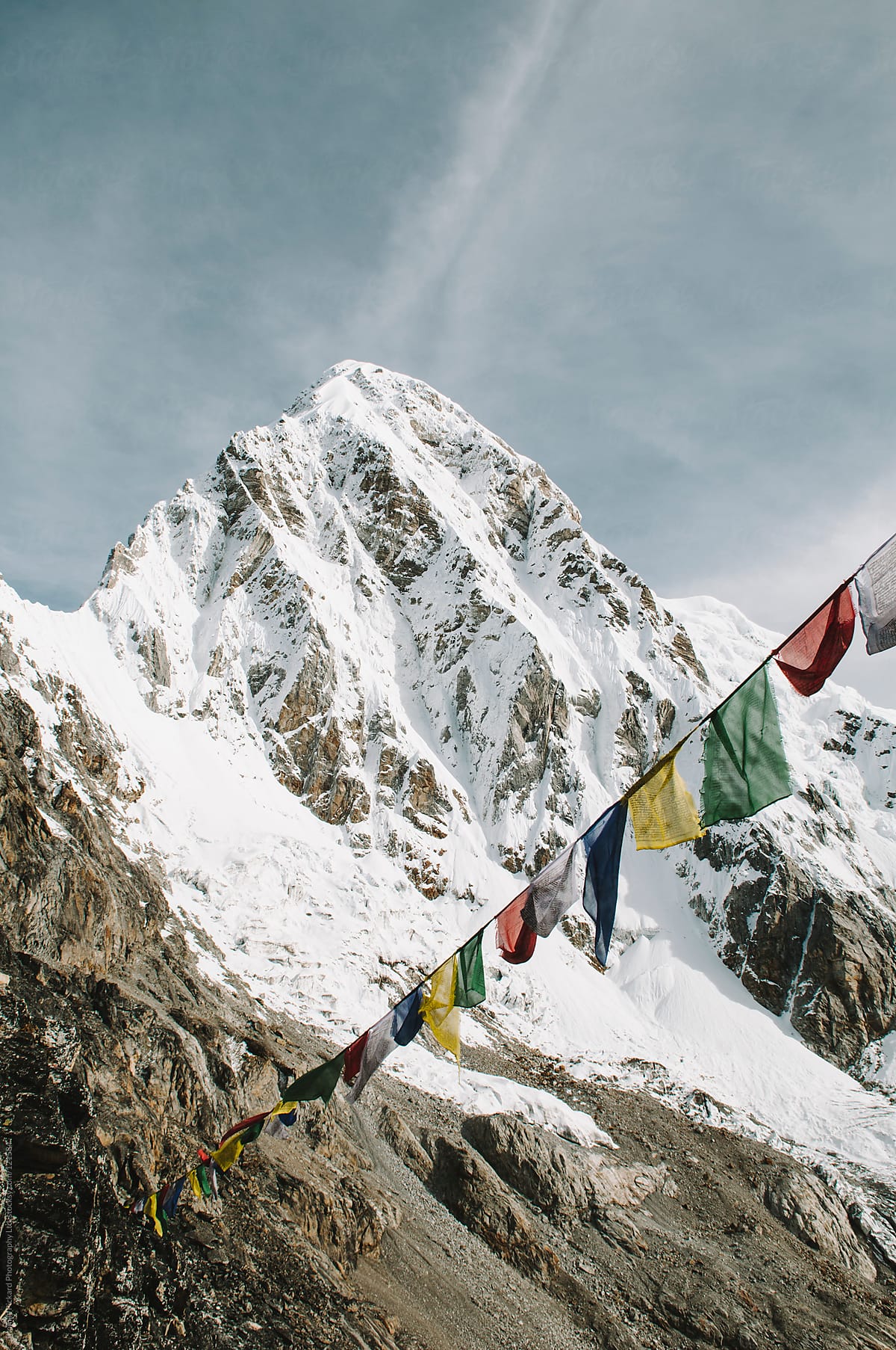 Prayer flags and mountain, Everest Region, Nepal.
