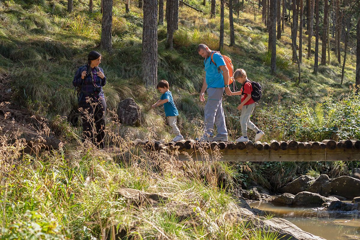 A family crosses over a stream in the forest during a hike