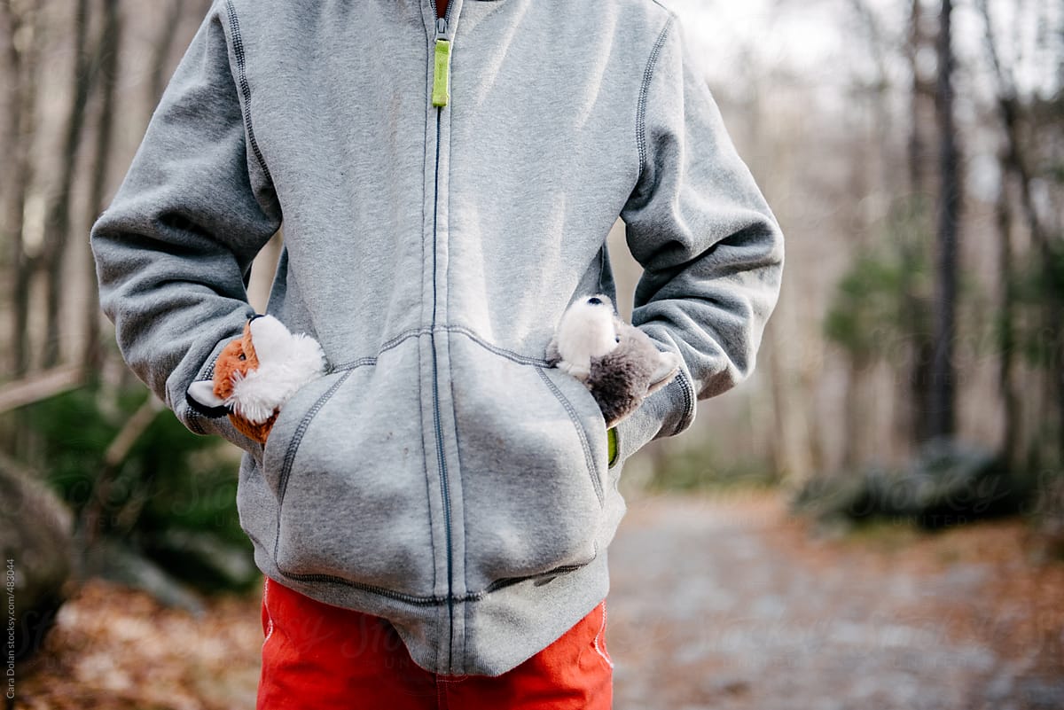 Young boy goes hiking in the woods with stuffed toys in his pockets