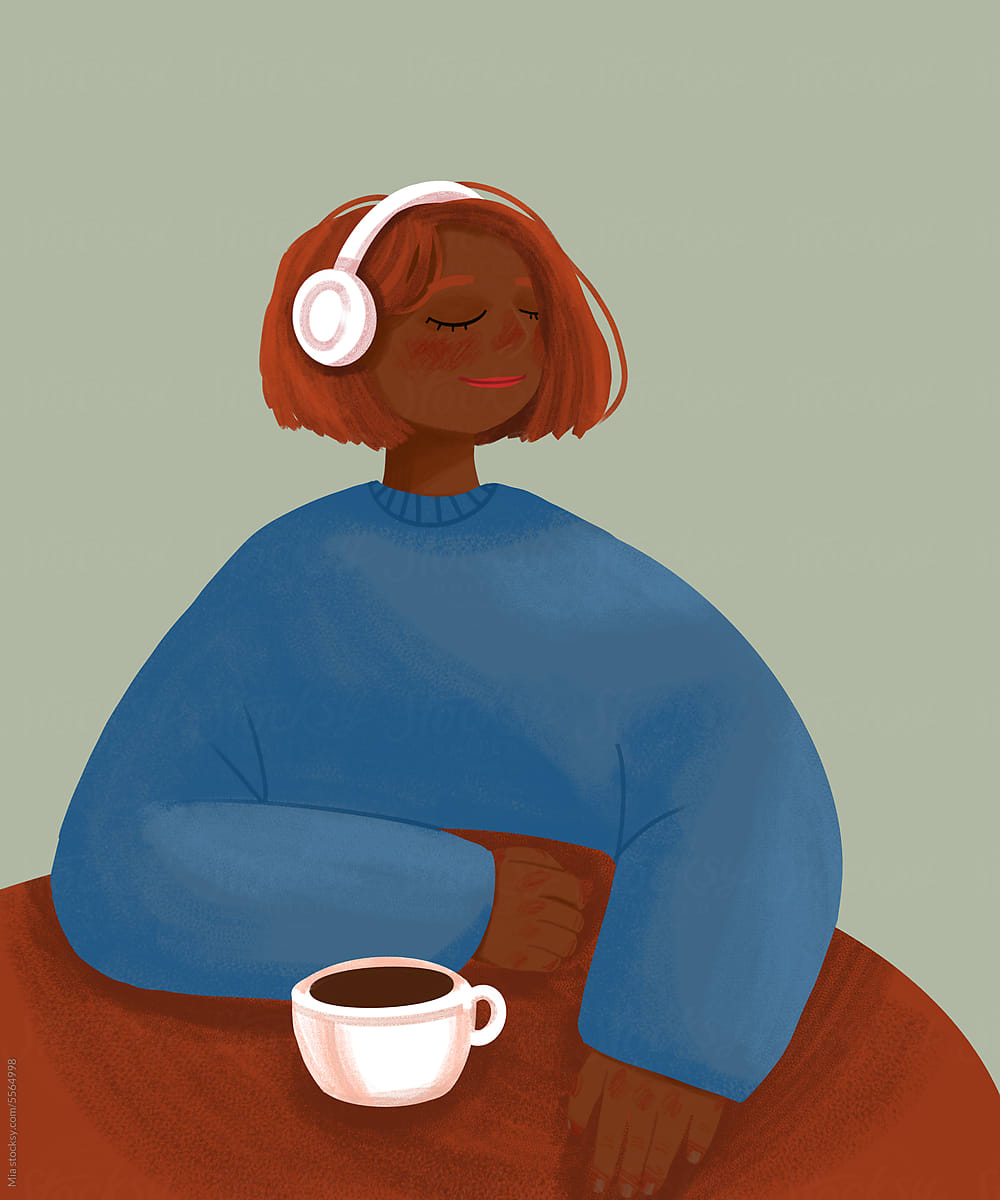 African Woman\'s Relaxation: Enjoying Coffee and Music