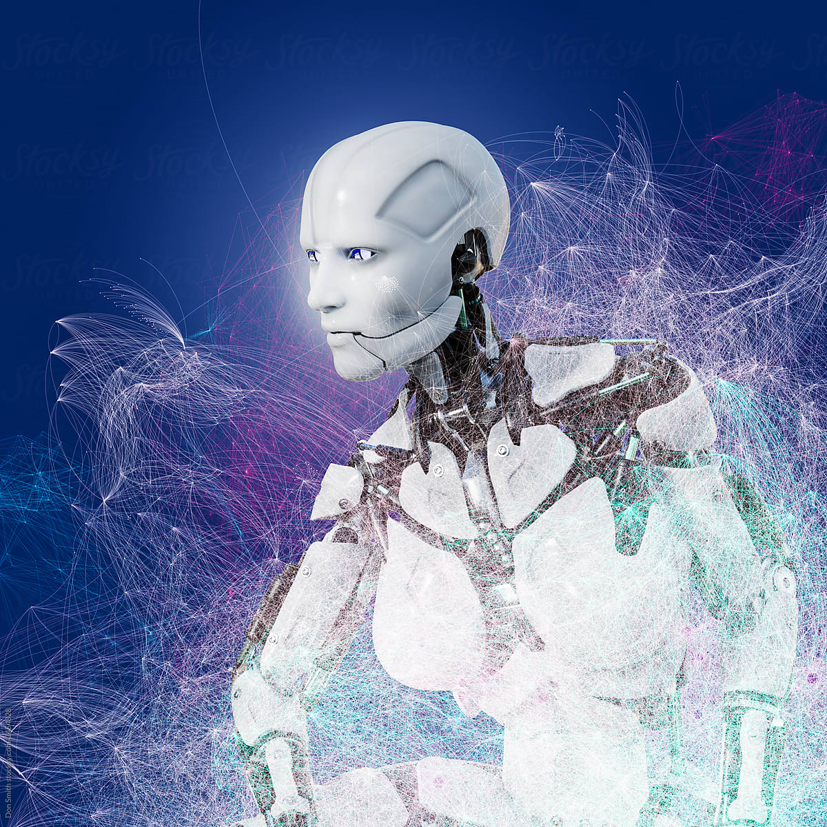 White female cyborg robot with graphical pattern overlay