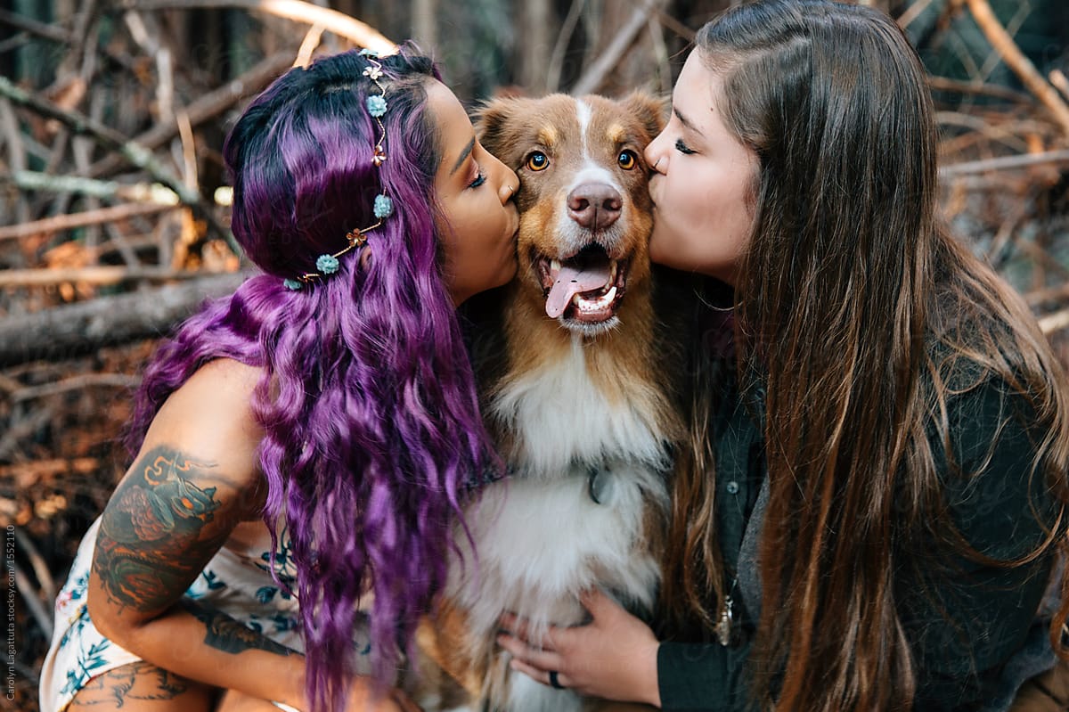 Girlfriends Kissing Their Happy Australian Shepherd By Carolyn