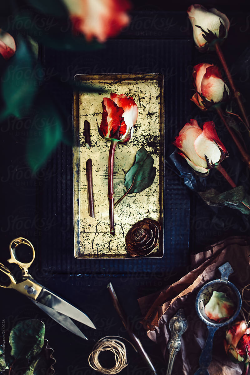 Composition with red roses and vintage things