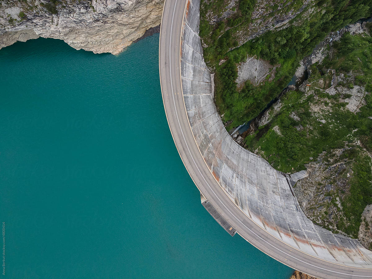 renewable energy, water dam view from above in France, copyspace