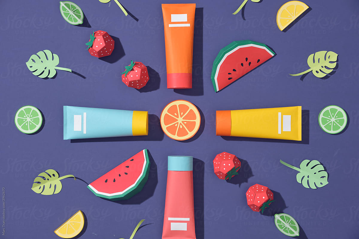 Various cosmetic products with citrus slices, cosmetic concept with vitamin c and fruit acids