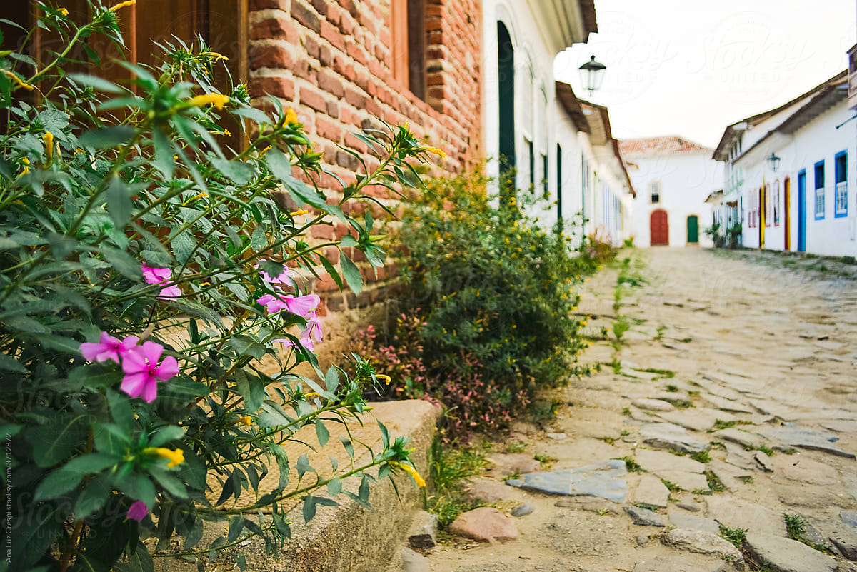 Street view in coastal colonial town in Brazil