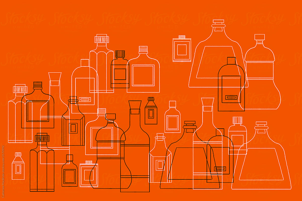 An illustration of stylised bottles on bright orange background.