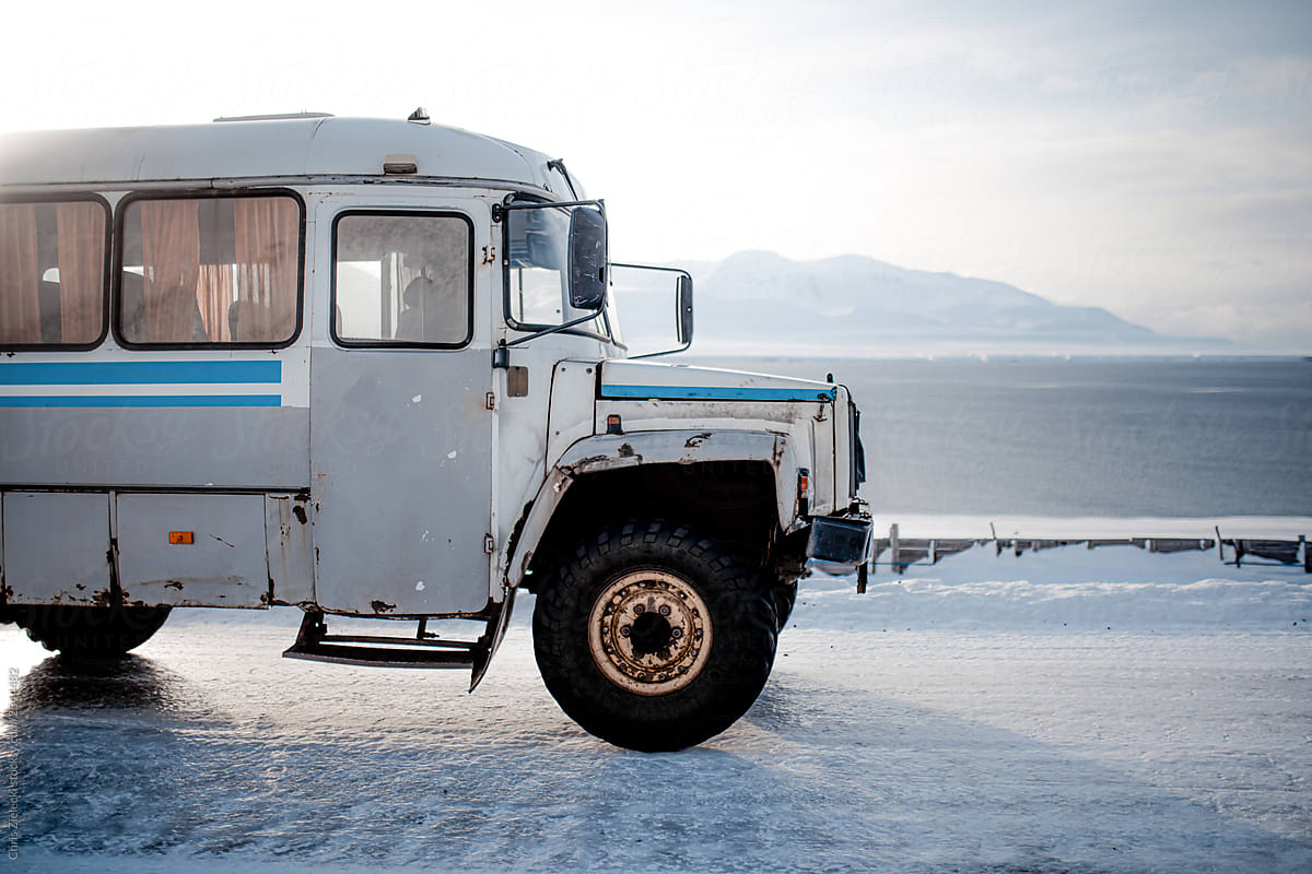 Old Russian bus in arctic nature