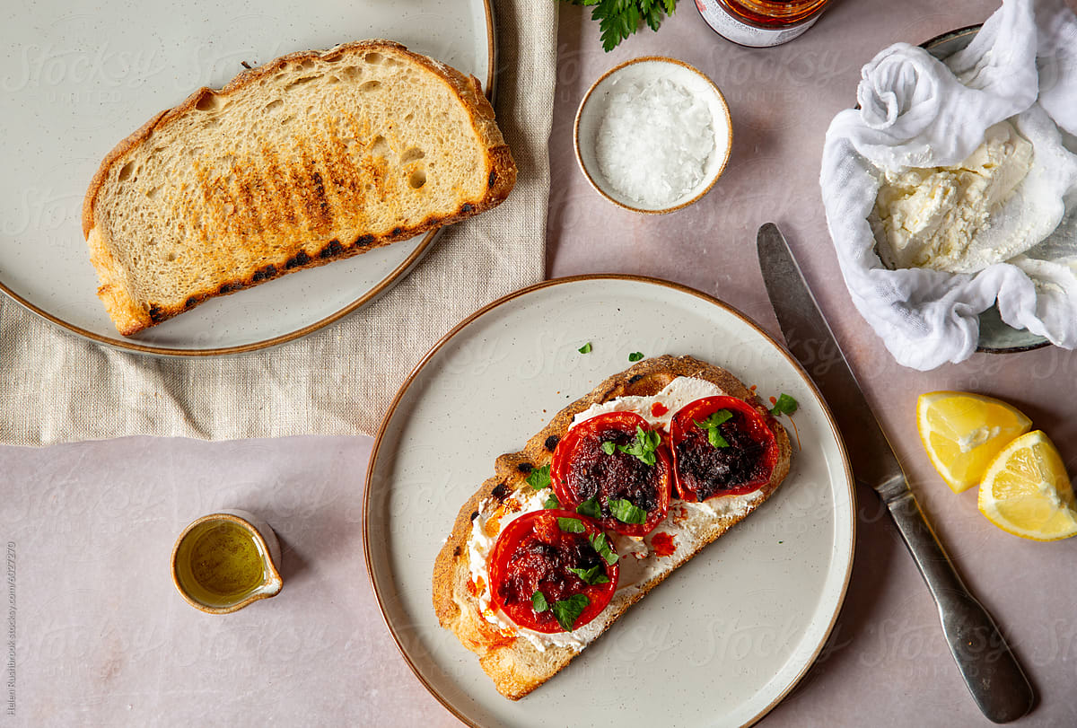 Fresh labneh, roasted spiced tomatoes and sourdough toast.