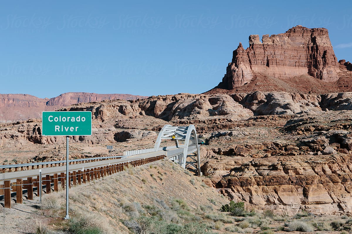 Road and bridge crossing the Colorado River, Glen Canyon National Recreation Area, Utah