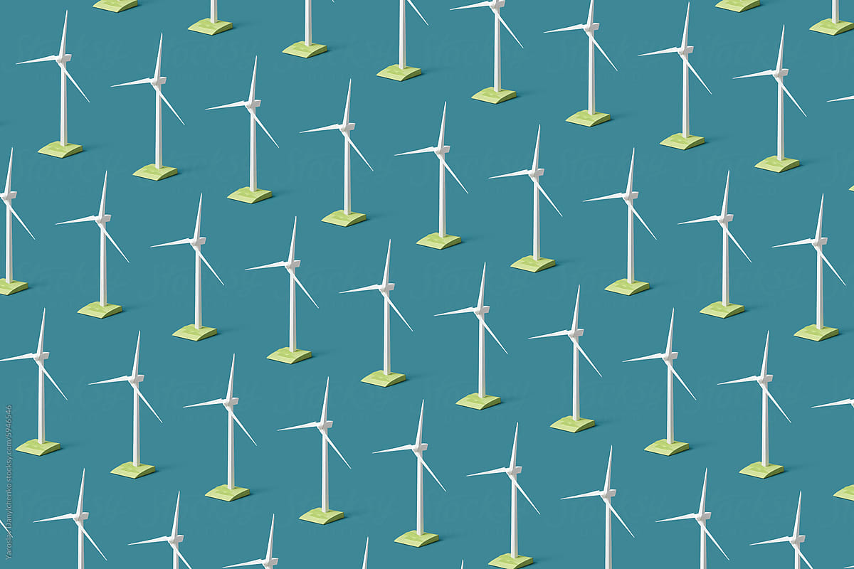 Seamless pattern of wind turbines on square pieces of land in studio