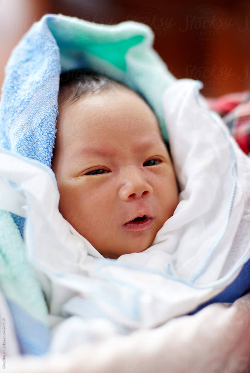 Closeup asian newborn baby