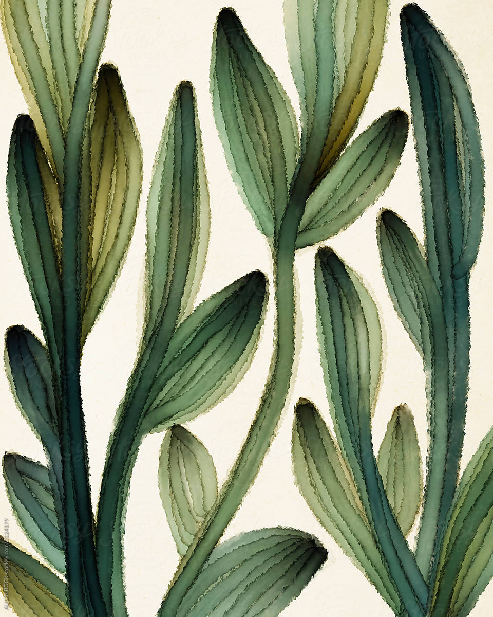 Multi-Layered Leaf Drawing In Warm Green And Blue Tones