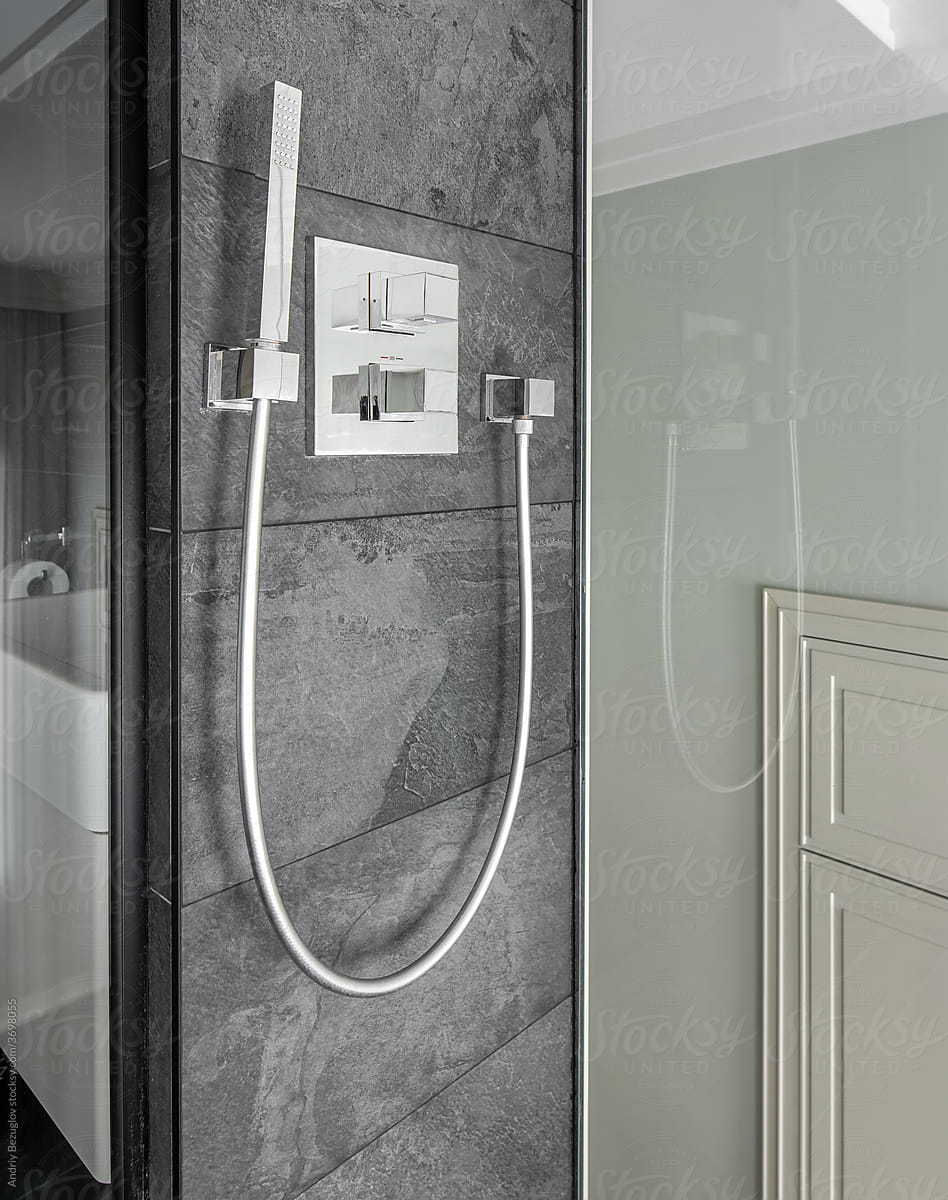 Interior in modern style with shower with glass wall