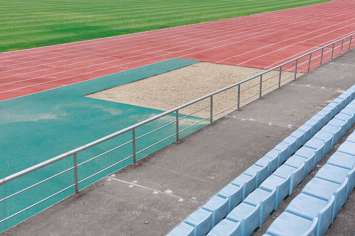 Close-up of track and stands in the stadium.