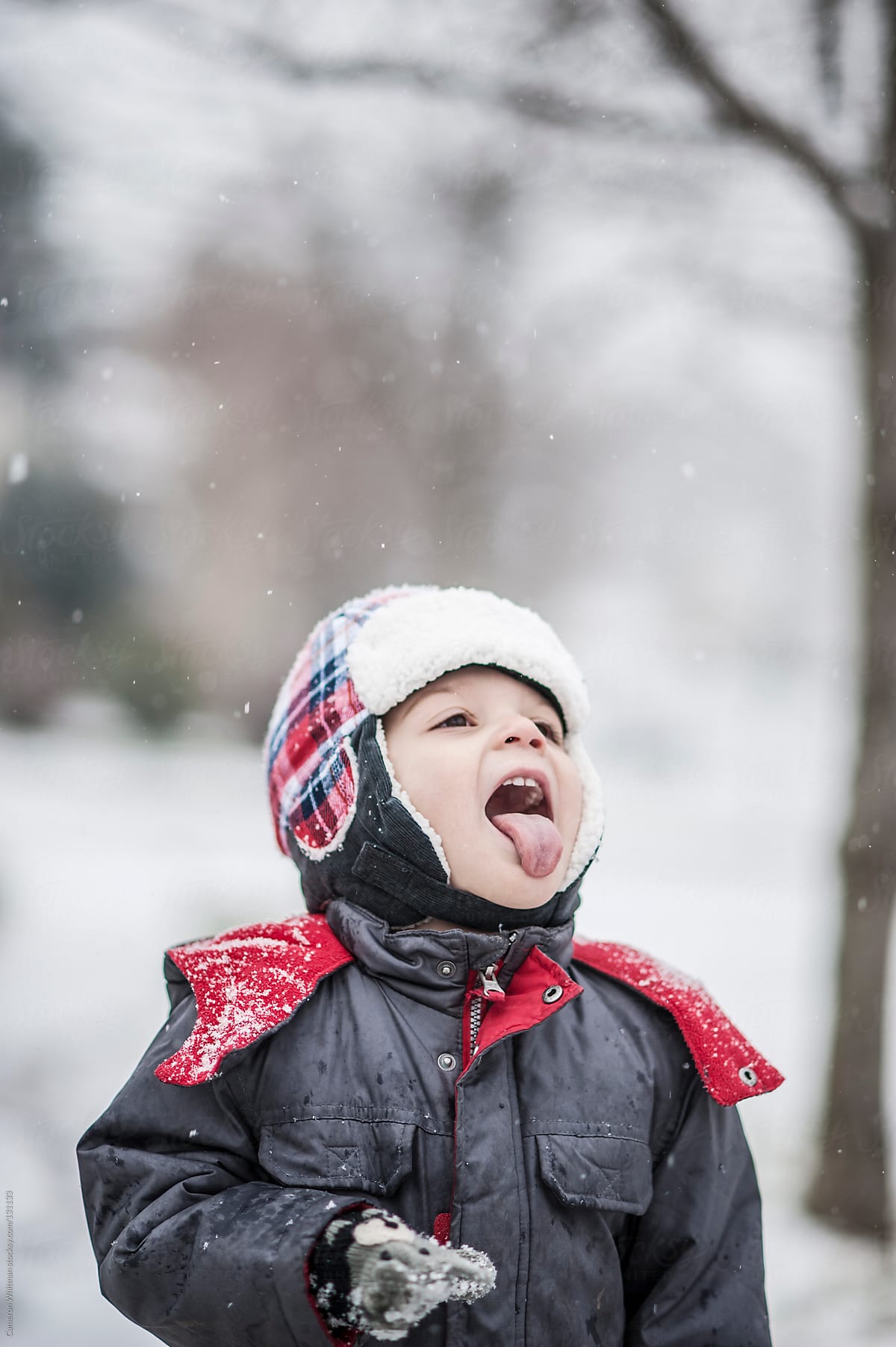 Catching snowflakes on his tongue