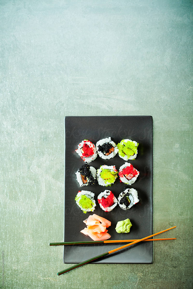 Food: Plate of Sushi with Chopsticks