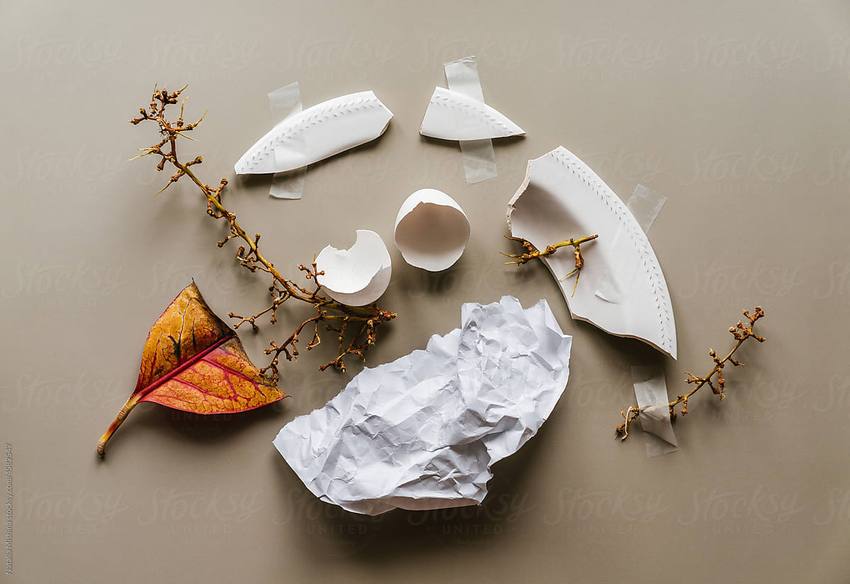 Still life with a broken plate and eggshells.
