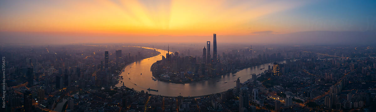 panoramic view of city against sky during sunset,Shanghai