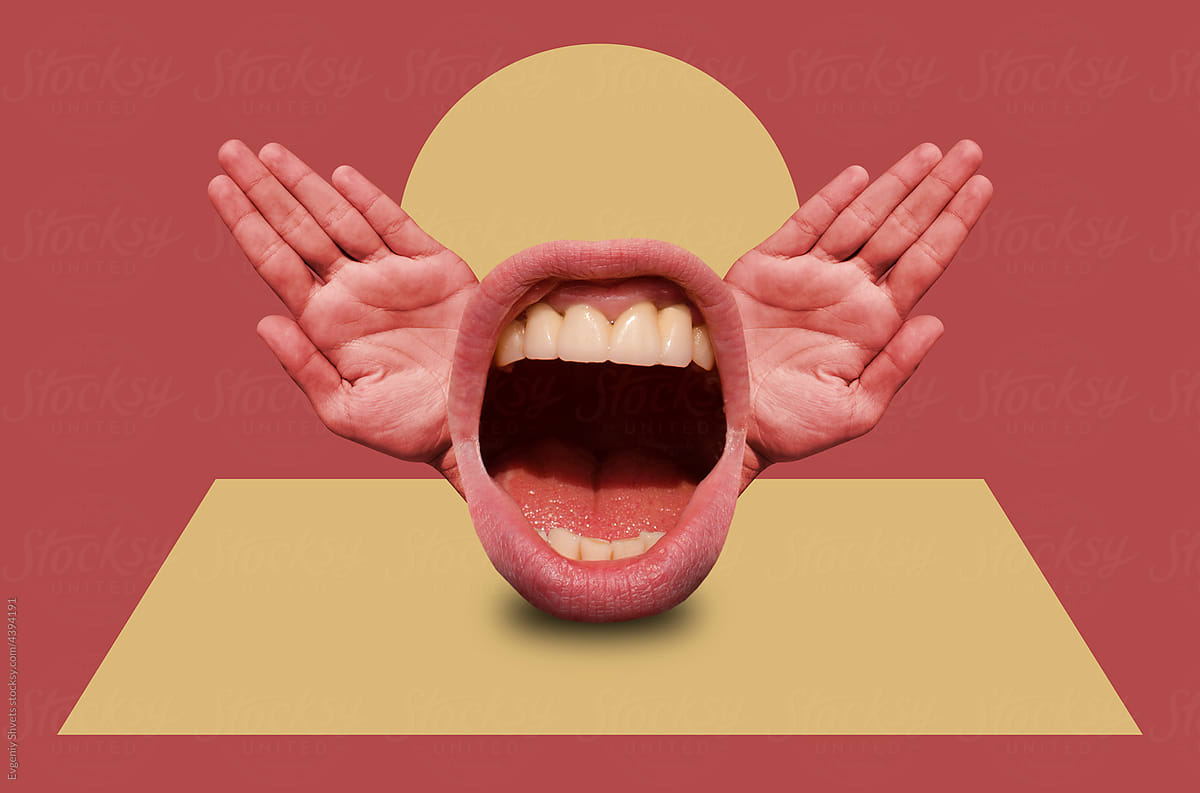 Collage in surrealism style with mouth and hands