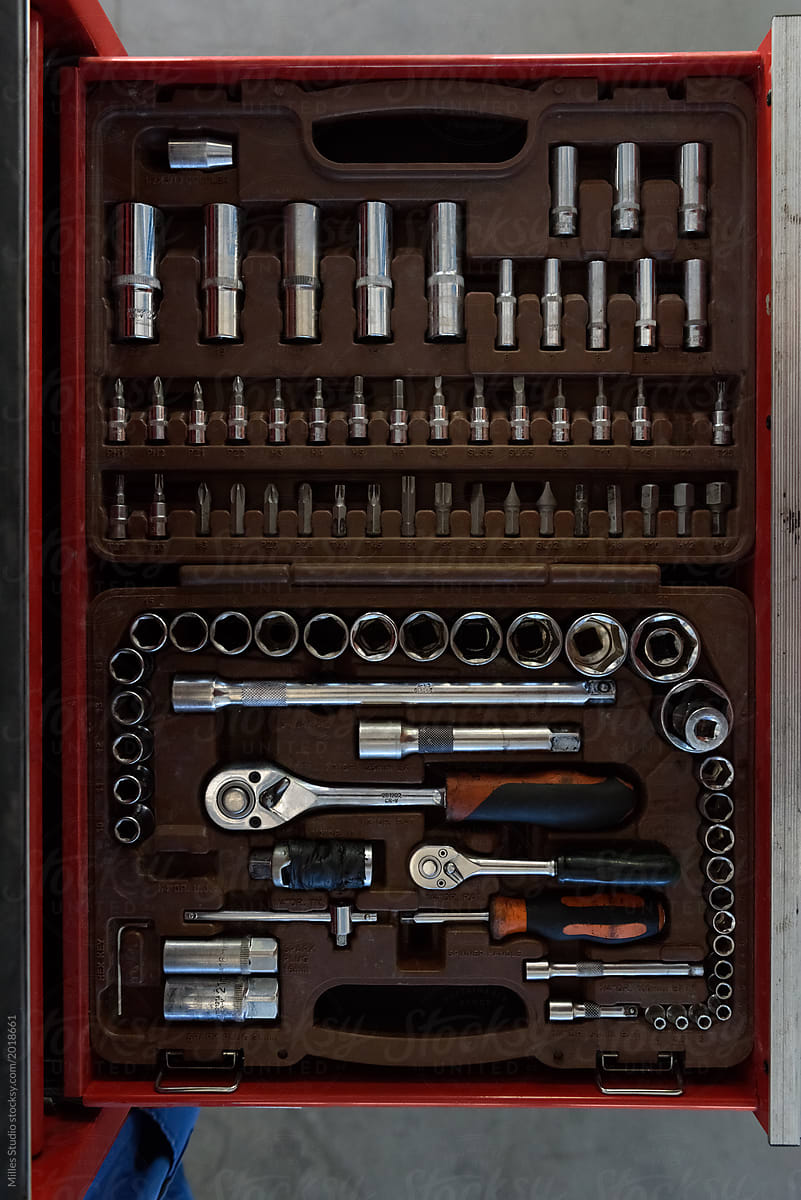 Toolbox with instruments from above