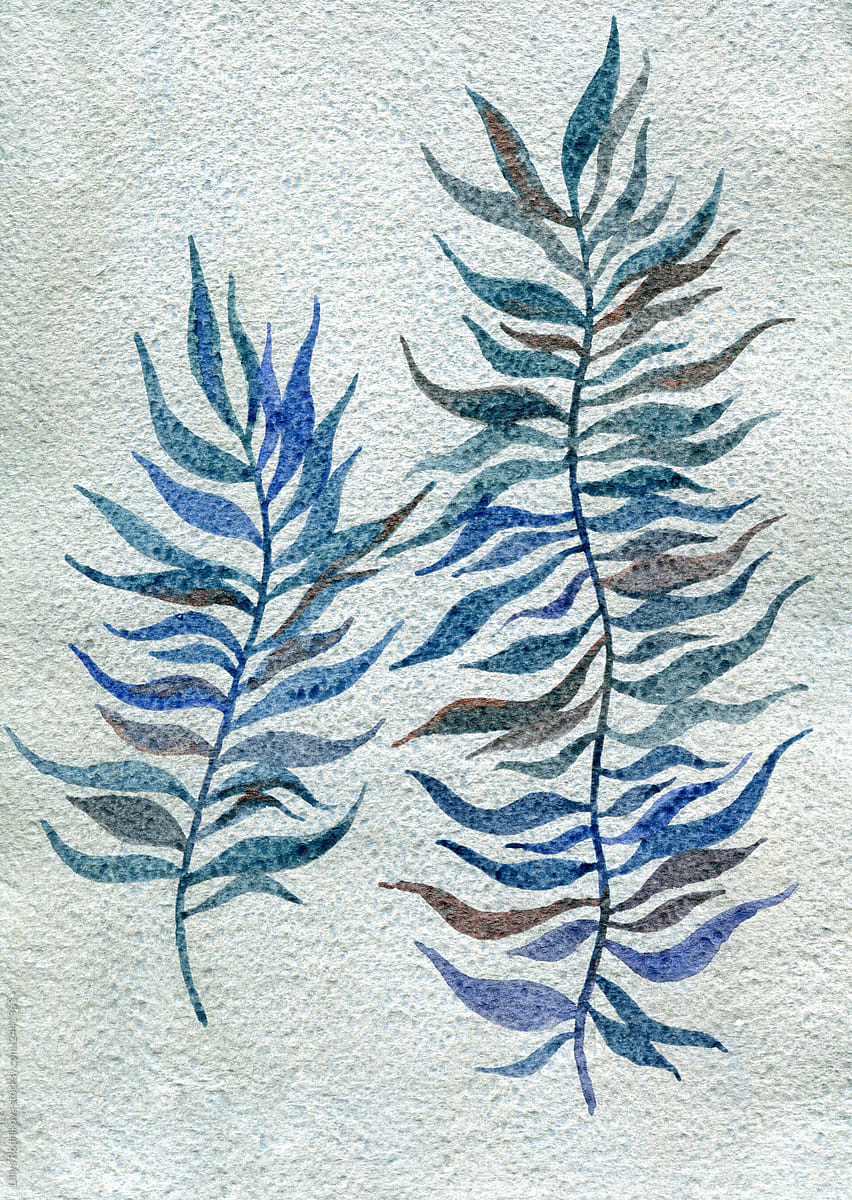 Abstract watercolor leaves in blue colors