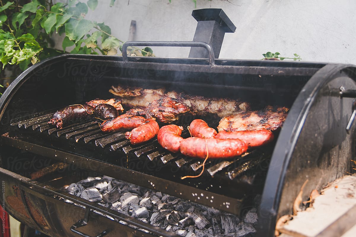 Barbacue grill with meat and sausages
