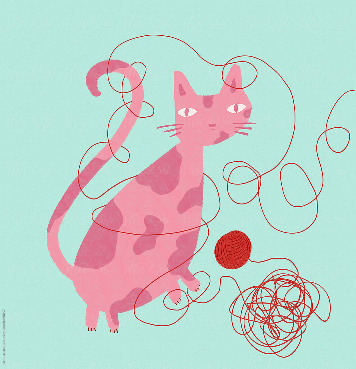 Cat playing with ball of wool, illustration