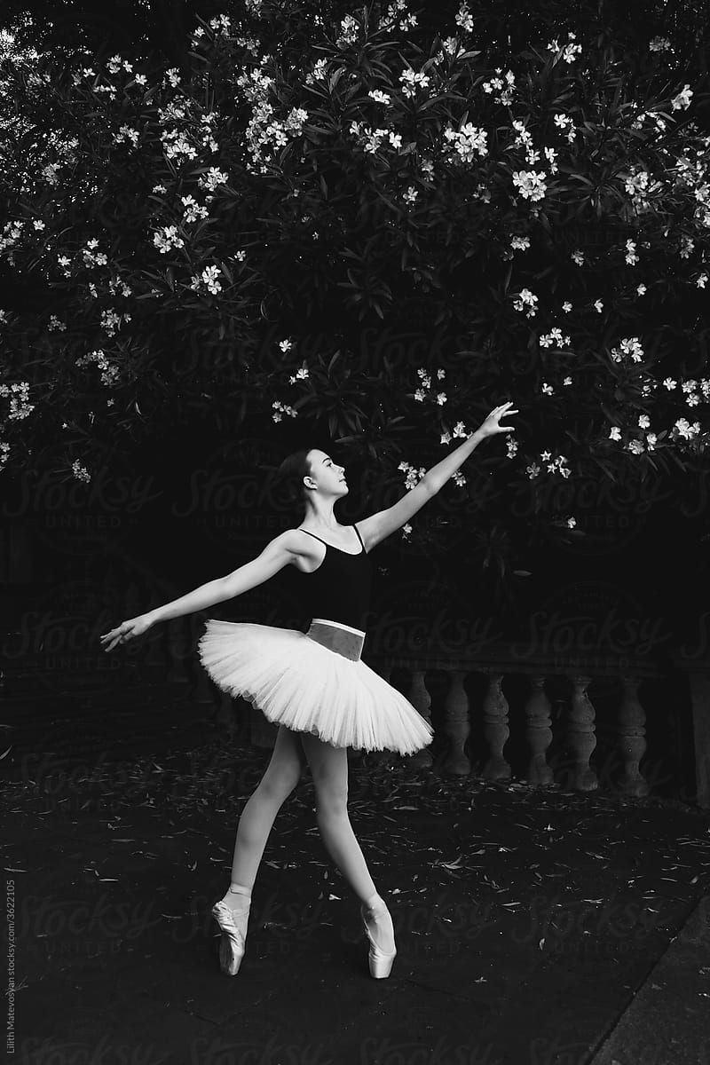 Little Ballerina In A Light Bundle And Pointe Poses With Her Arms Raised.  Stock Photo, Picture and Royalty Free Image. Image 88404206.