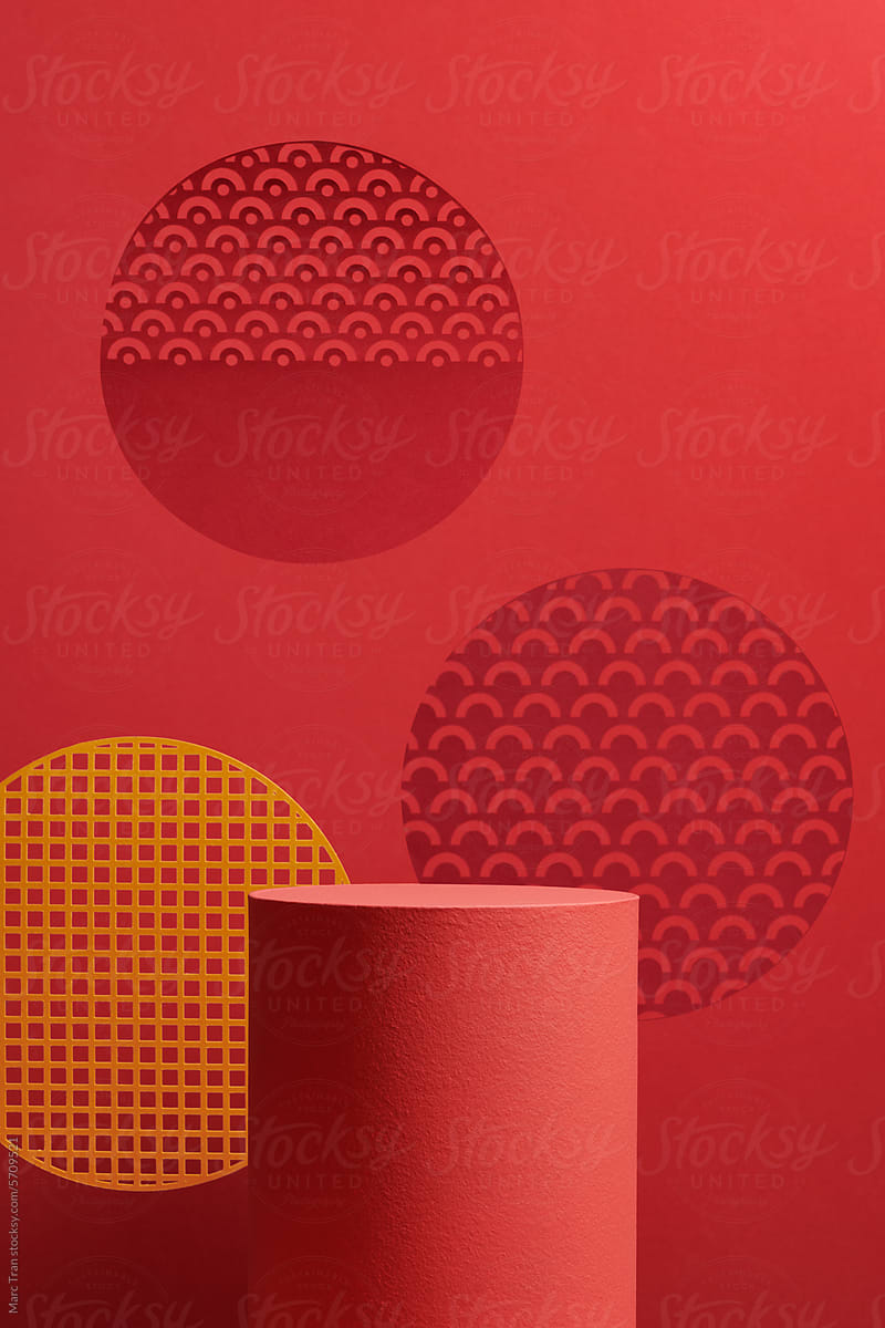 Tet festival background with pattern paper cut and podium