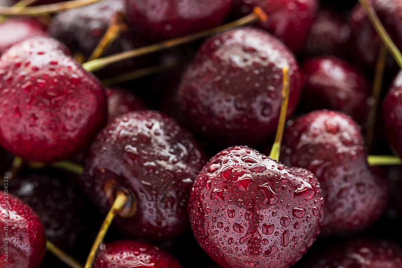 Close up of freshly washed cherries