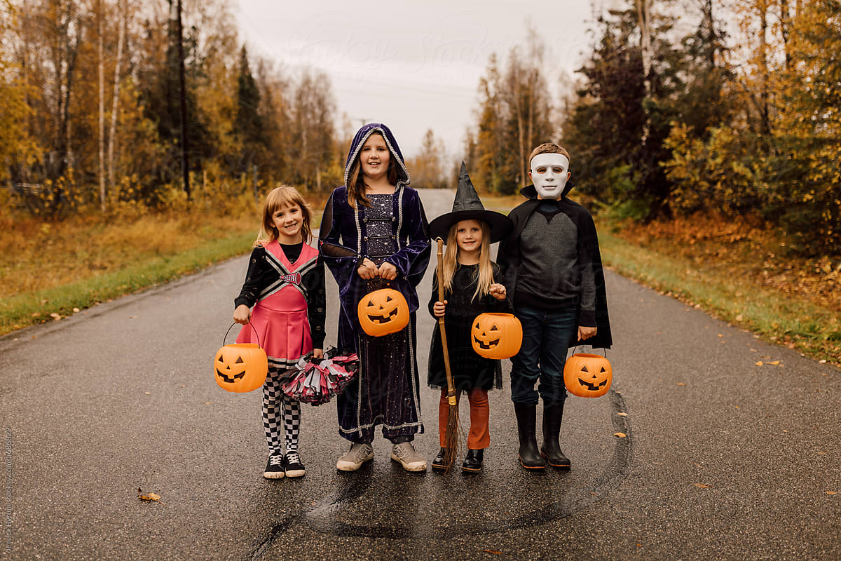 Kids Trick or Treating In Halloween Costumes